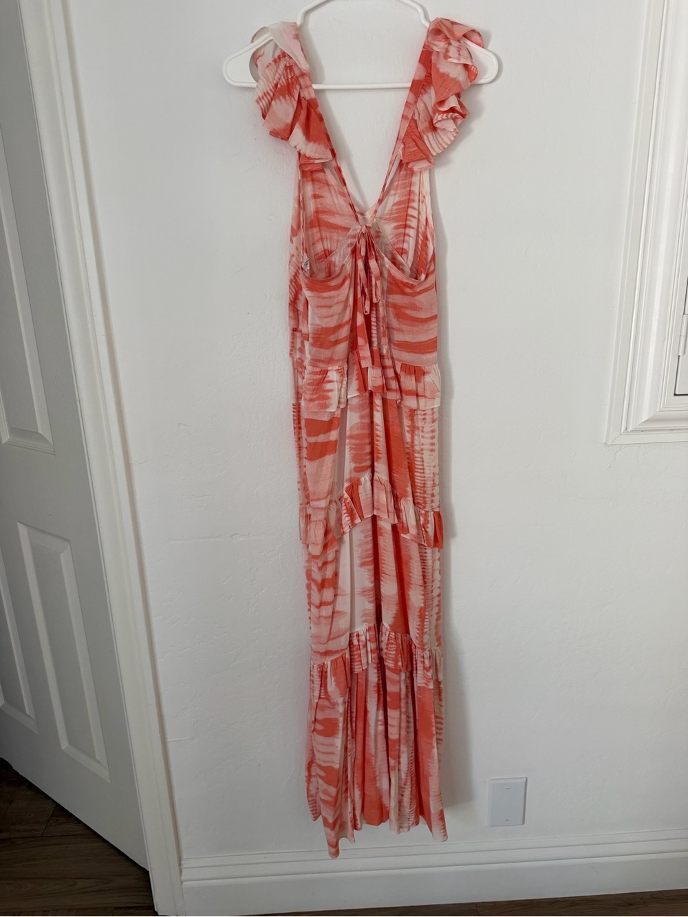 Misa Los Angeles Coral & White Tie-Dye Ruffle Maxi Dress